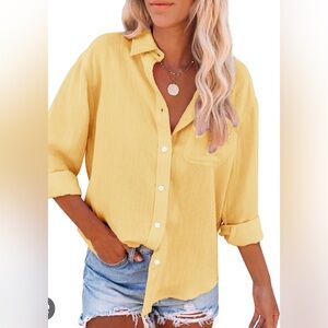 Susan Graver Yellow Button Down Shirt with Cuffed Sleeves and Notched Collar